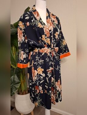 Only Navy Floral Wrap Kimono with Orange Trim